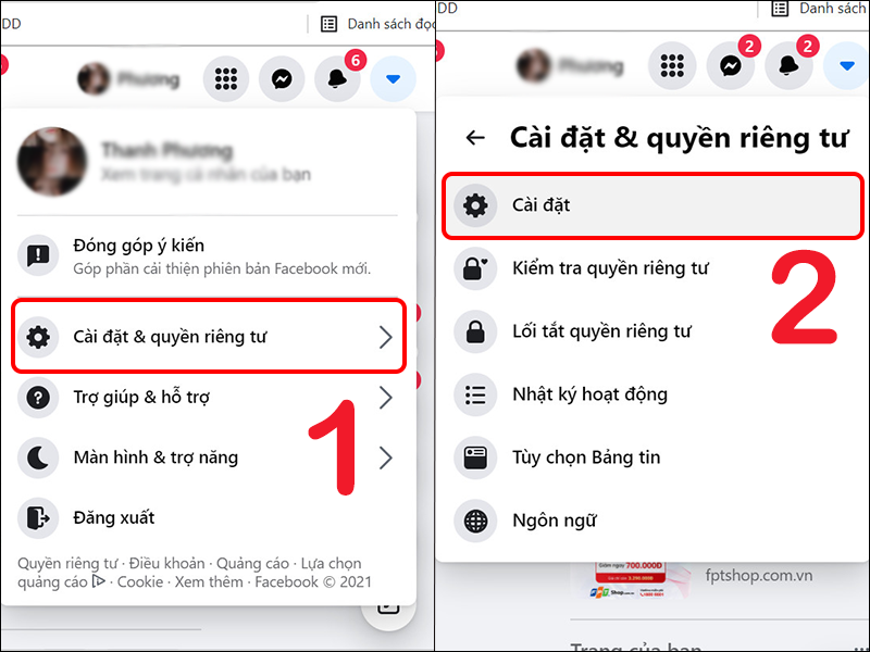 Chọn Cài đặt & quyền riêng tư trên Facebook